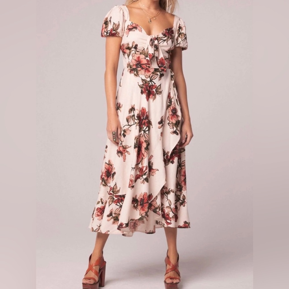 B-O-G Collection Ginger Beige Floral Tie Front Maxi Dress NWOT Large